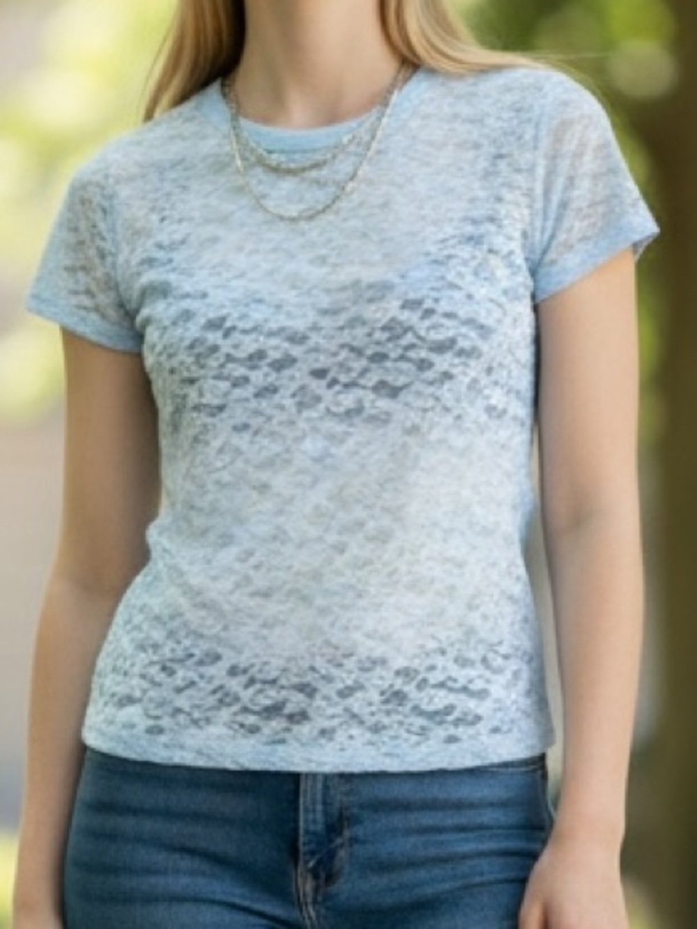 Aerie Sheer Lace Floral Tee in Dusty Blue | Size L